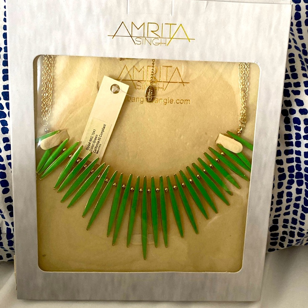 Amrita Singh Spiky Green Gold Necklace Bib statement NEW $125